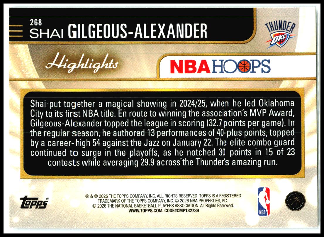 2025-26 Hoops #268 Shai Gilgeous-Alexander Oklahoma City Thunder