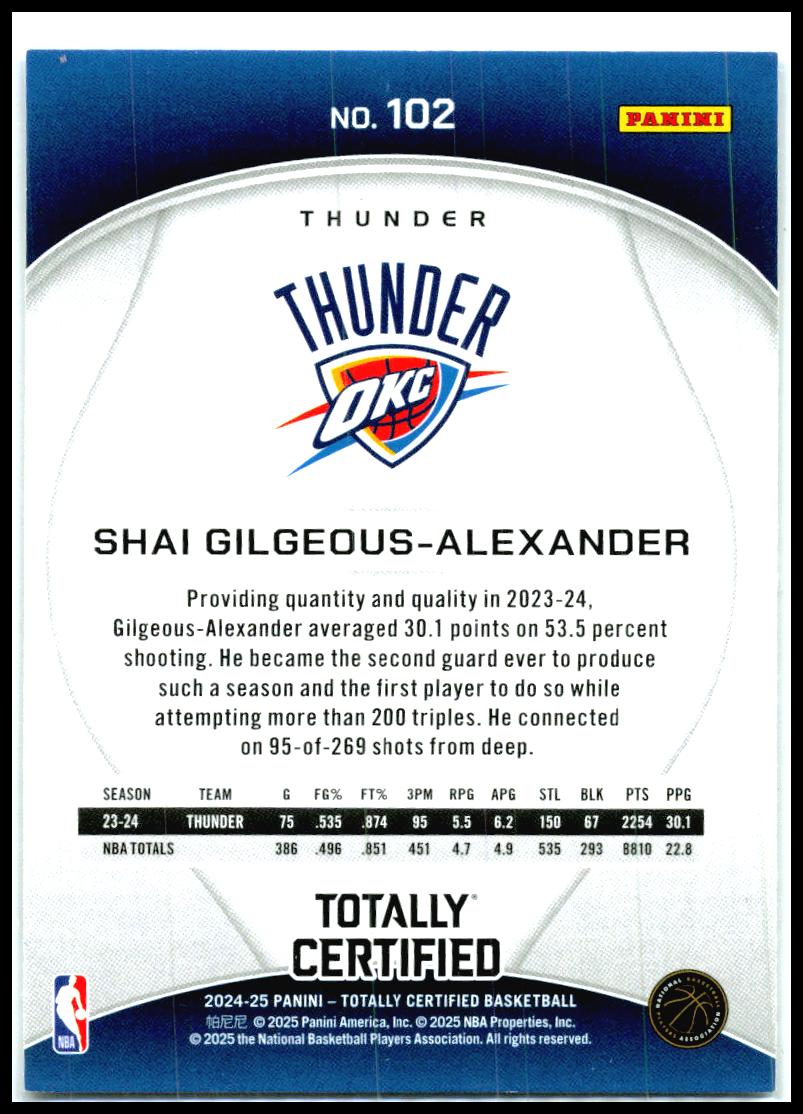 2024-25 Panini Totally Certified #102 Shai Gilgeous-Alexander Thunder
