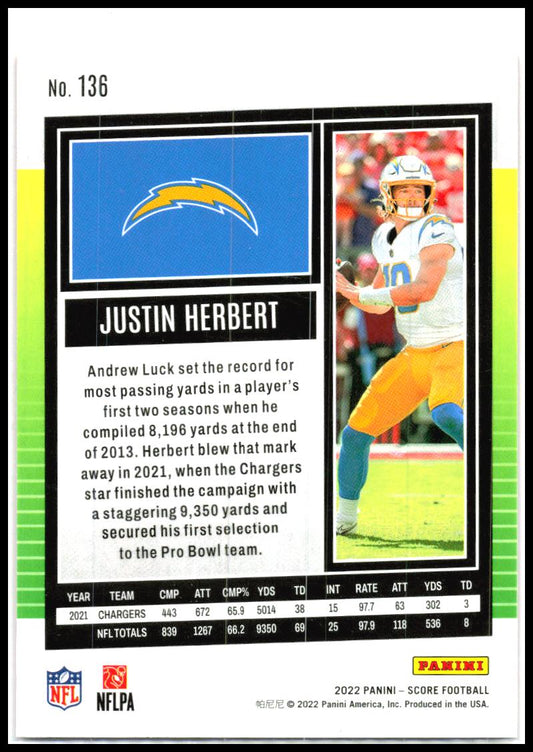 2022 Score Red #136 Justin Herbert Los Angeles Chargers