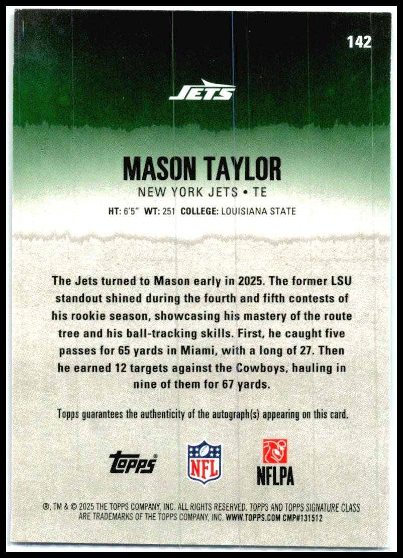 2025 Topps Signature Class Autographs Teal #142 Mason Taylor Rookie Auto Jets