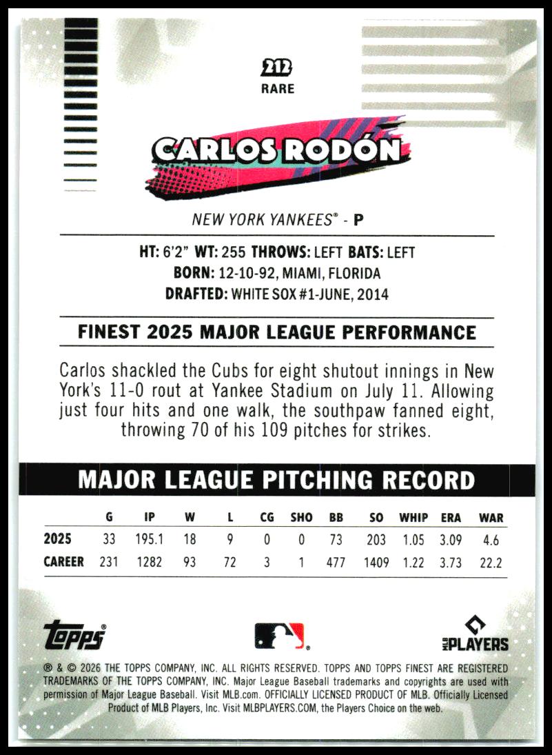2026 Finest Purple Refractors #212 Carlos Rodón #/75 New York Yankees