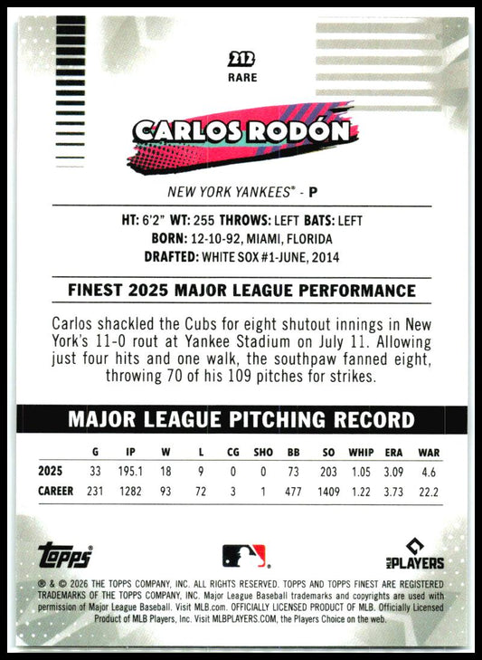 2026 Finest Purple Refractors #212 Carlos Rodón #/75 New York Yankees