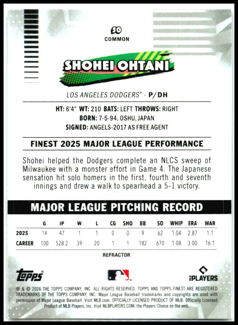 2026 Finest Refractors #50 Shohei Ohtani Los Angeles Dodgers