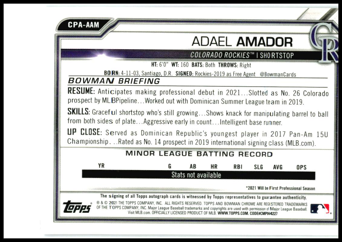 2021 Bowman Chrome Auto Purple /250 #CPA-AAM Adael Amador Auto Rockies