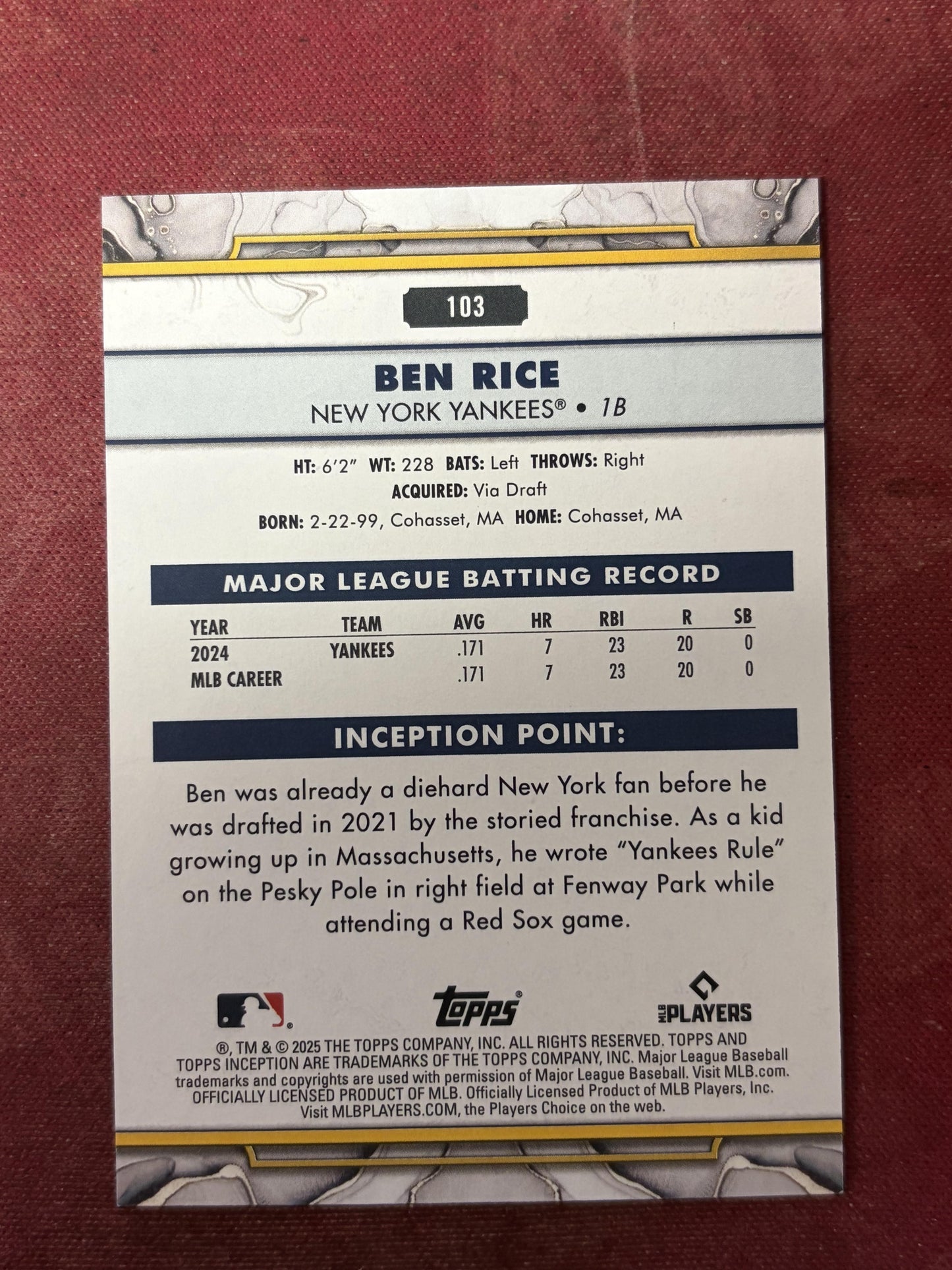 2025 Inception #103 Ben Rice Rookie Yankee