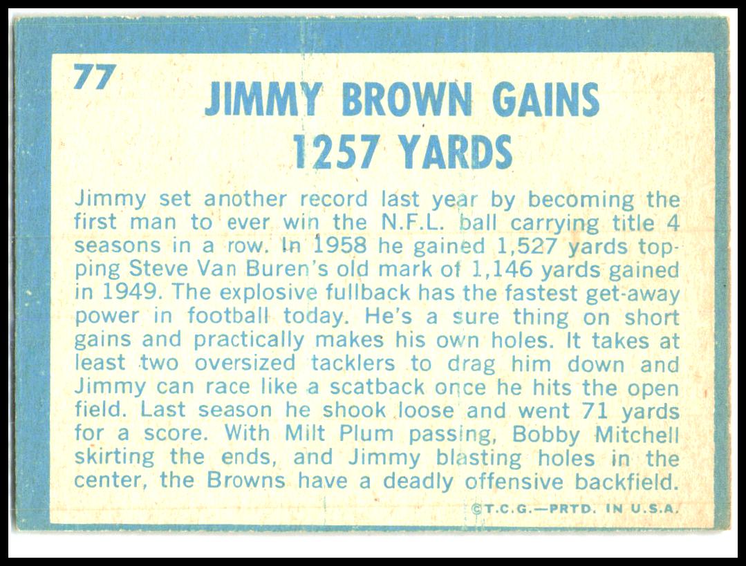 1961 Topps #77 Jimmy Brown Gains 1257 Yards Cleveland Browns