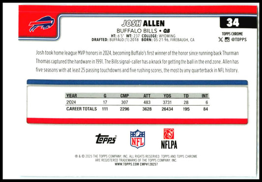 2025 Topps Chrome Aqua Wave Refractor #34 Josh Allen #/199 Buffalo Bills