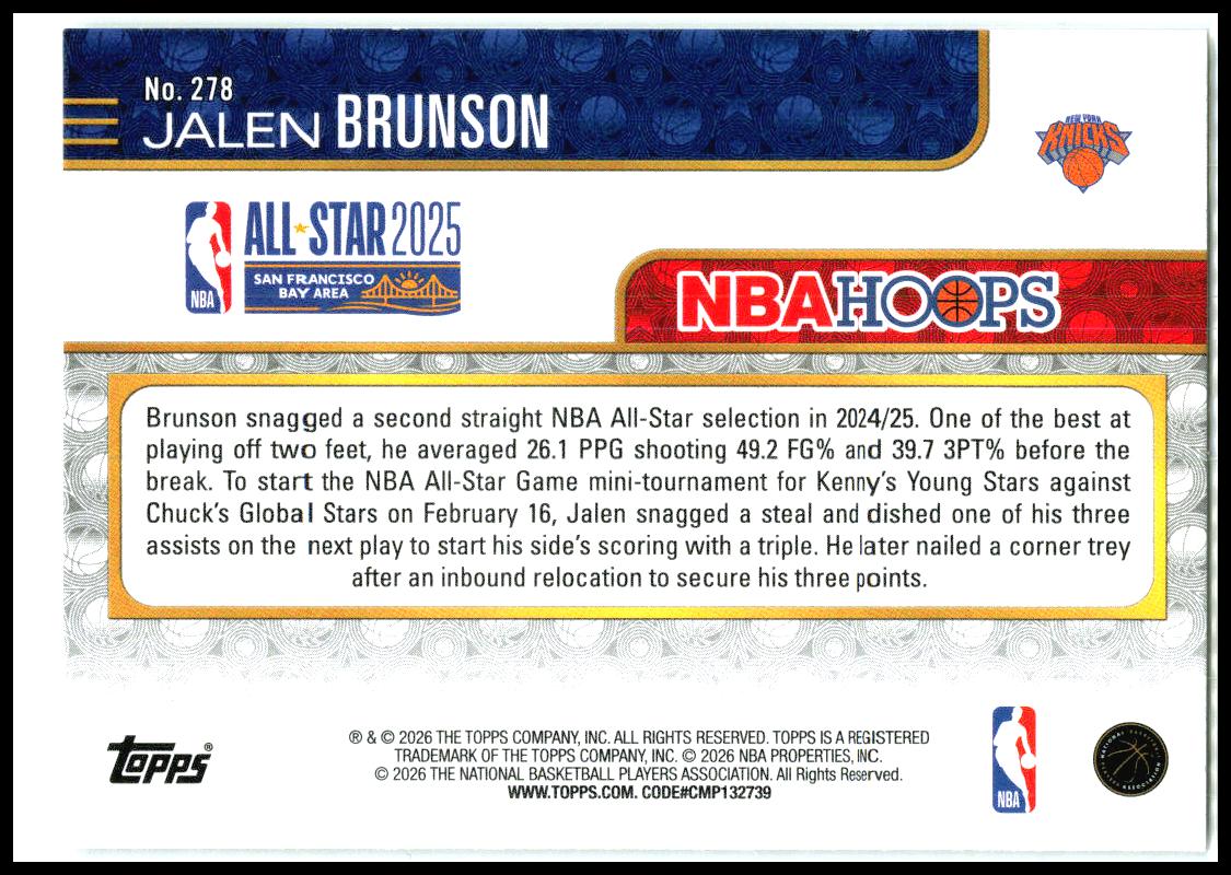 2025-26 Hoops #278 Jalen Brunson New York Knicks