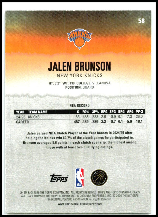 2025-26 Topps Signature Class #58 Jalen Brunson New York Knicks