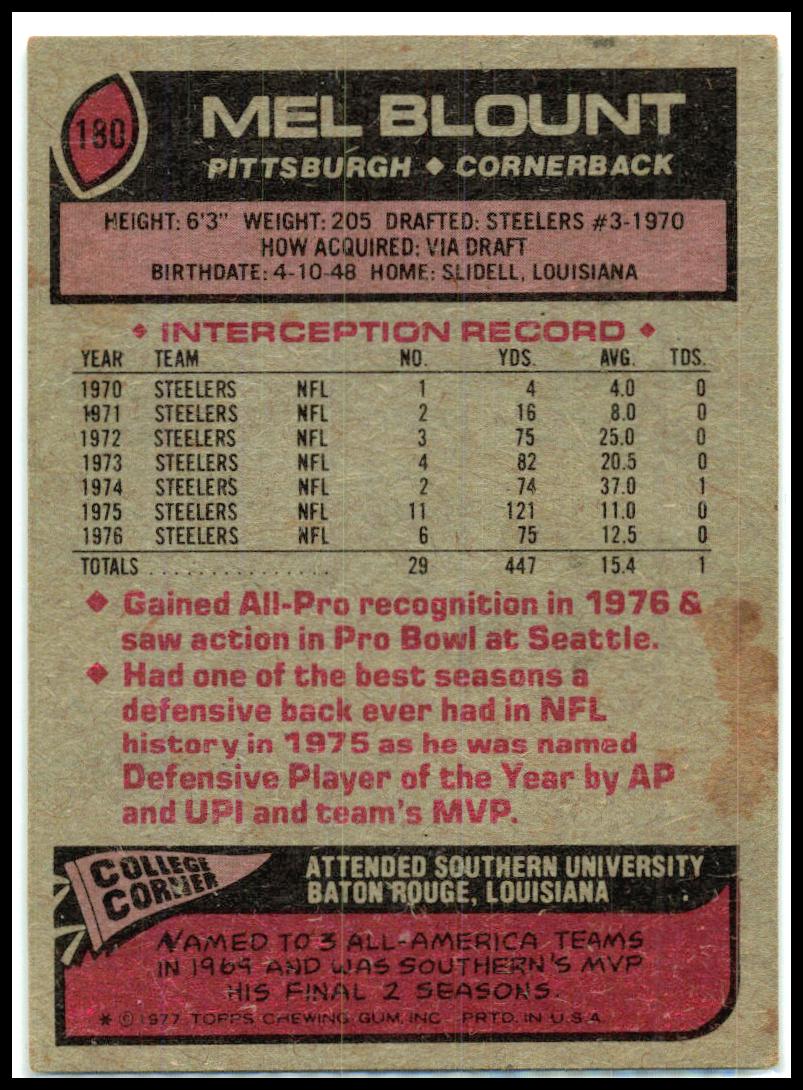 1977 Topps #180 Mel Blount Pittsburgh Steelers
