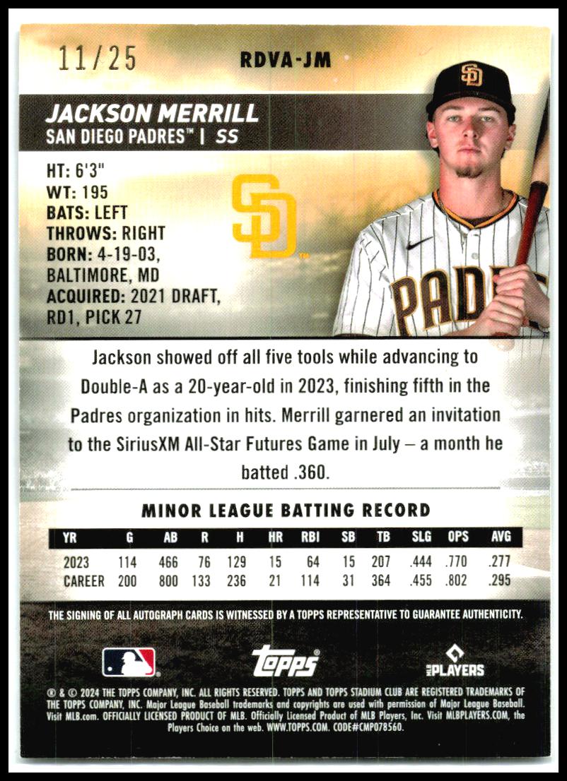 2024 Stadium Club Rookie Design Variation Auto /25 #RDVA-JM Jackson Merrill Auto