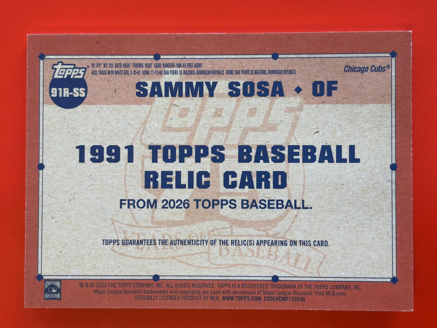 2026 Topps 1991 Topps 35th Anniversary Relics Orange #91R-SS Sammy Sosa Cubs
