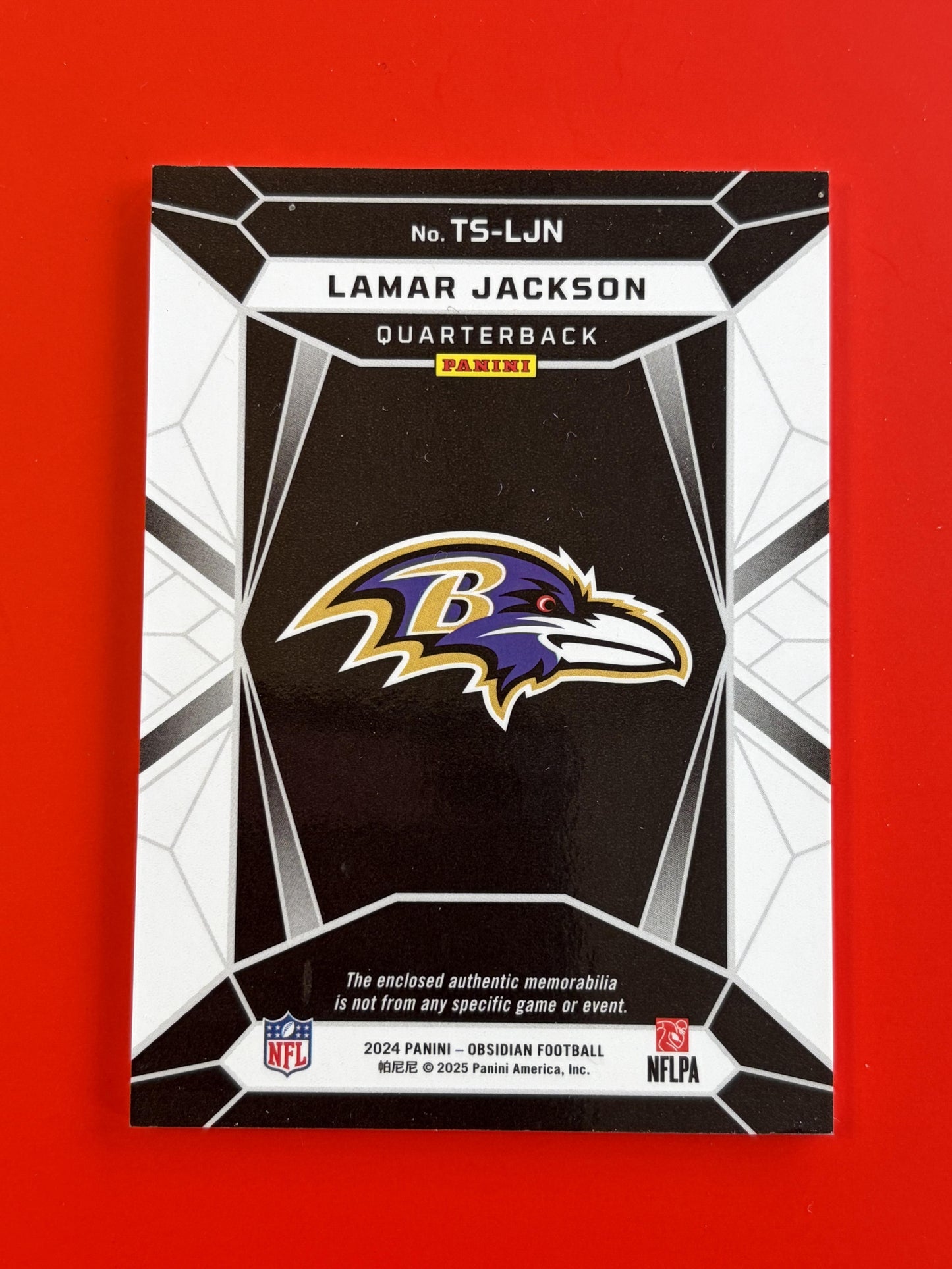 2024 Panini Obsidian Trifecta Swatches #TS-LJN Lamar Jackson Baltimore Ravens