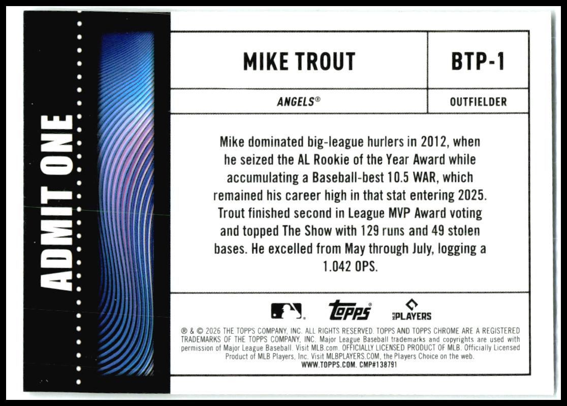 2026 Topps Chrome #BTP-1 Mike Trout Los Angeles Angels