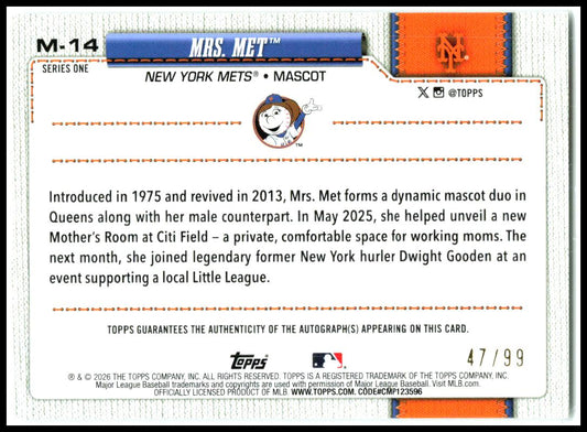 2026 Topps Mascots Autographs #M-14 Mrs. Met Auto #/99 New York Mets