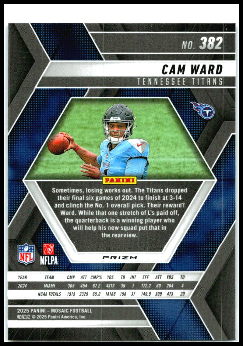2025 Panini Mosaic Blue Scope #382 Cam Ward Rookie Tennessee Titans
