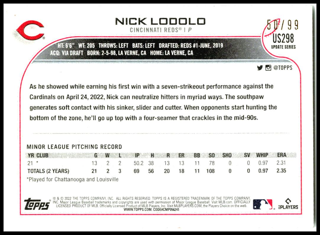 2022 Topps Update Vintage Stock #US298 Nick Lodolo #/99 Cincinnati Reds