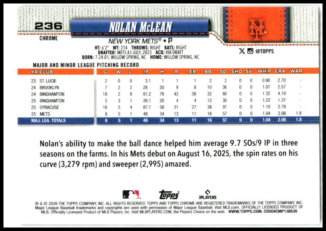 2026 Topps Chrome Baseball Seams Refractors #236 Nolan McLean Rookie Mets