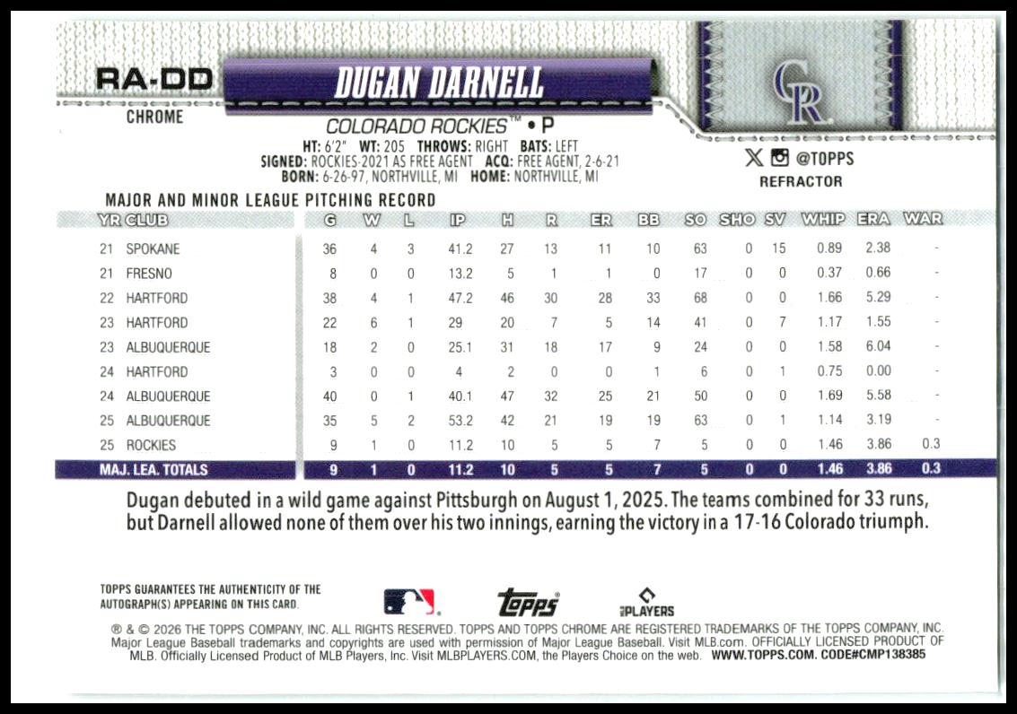 2026 Topps Chrome Rainbow Auto #/499 #RA-DD Dugan Darnell Auto Colorado Rockies
