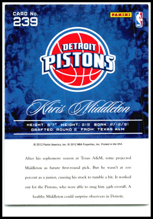 2012-13 Panini Prestige #239 Khris Middleton Rookie Detroit Pistons
