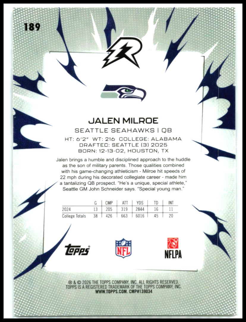 2025 Topps Resurgence Prism Refractor #189 Jalen Milroe Rookie Seattle Seahawks