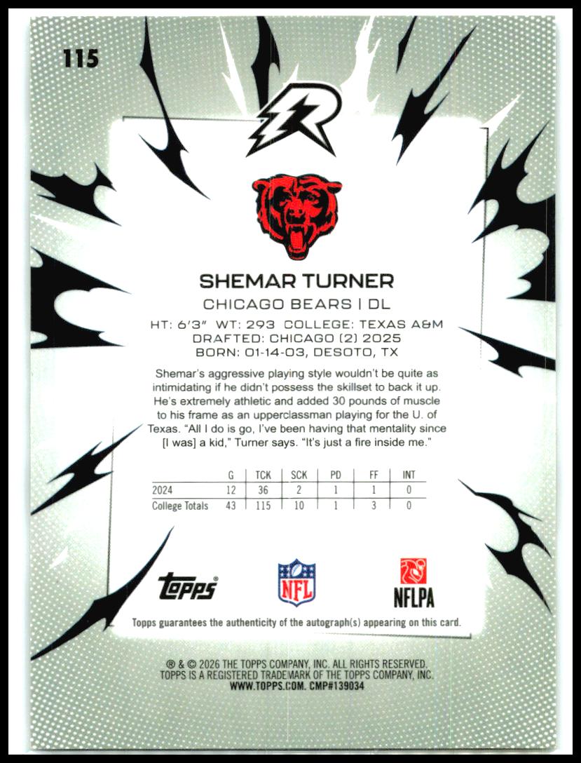 2025 Topps Resurgence Auto Black & White #115 Shemar Turner Rookie Auto Bears