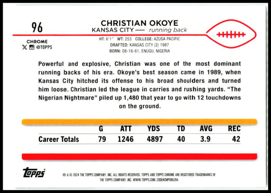 2024 Topps Chrome X-Fractor #96 Christian Okoye Kansas City Chiefs