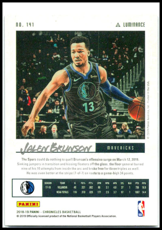 2018-19 Panini Chronicles #141 Jalen Brunson RC Dallas Mavericks