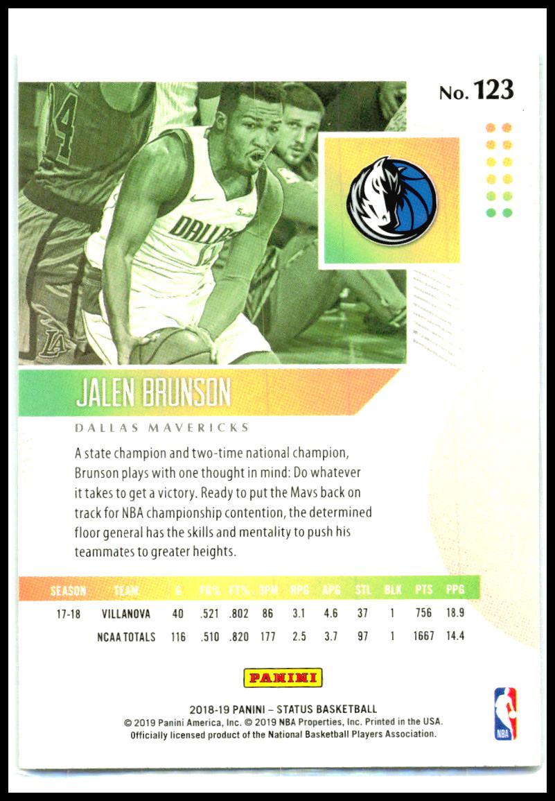 2018-19 Panini Status Green #123 Jalen Brunson RC Dallas Mavericks