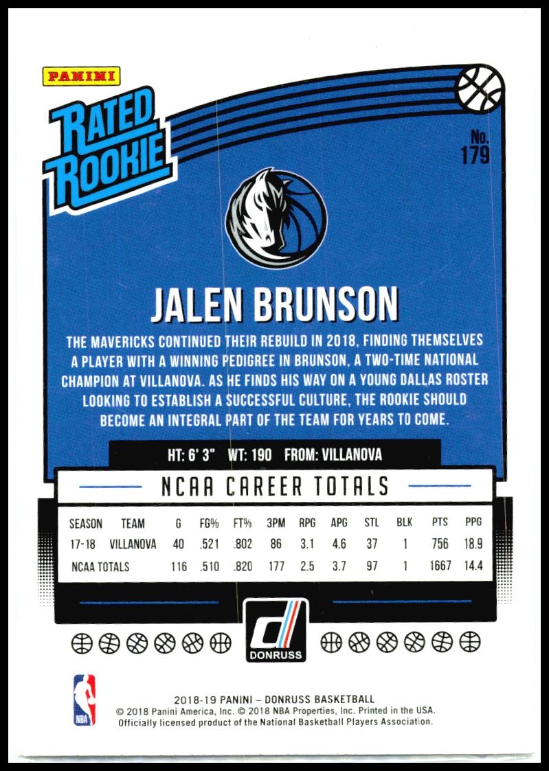 2018-19 Donruss #179 Jalen Brunson RC Dallas Mavericks