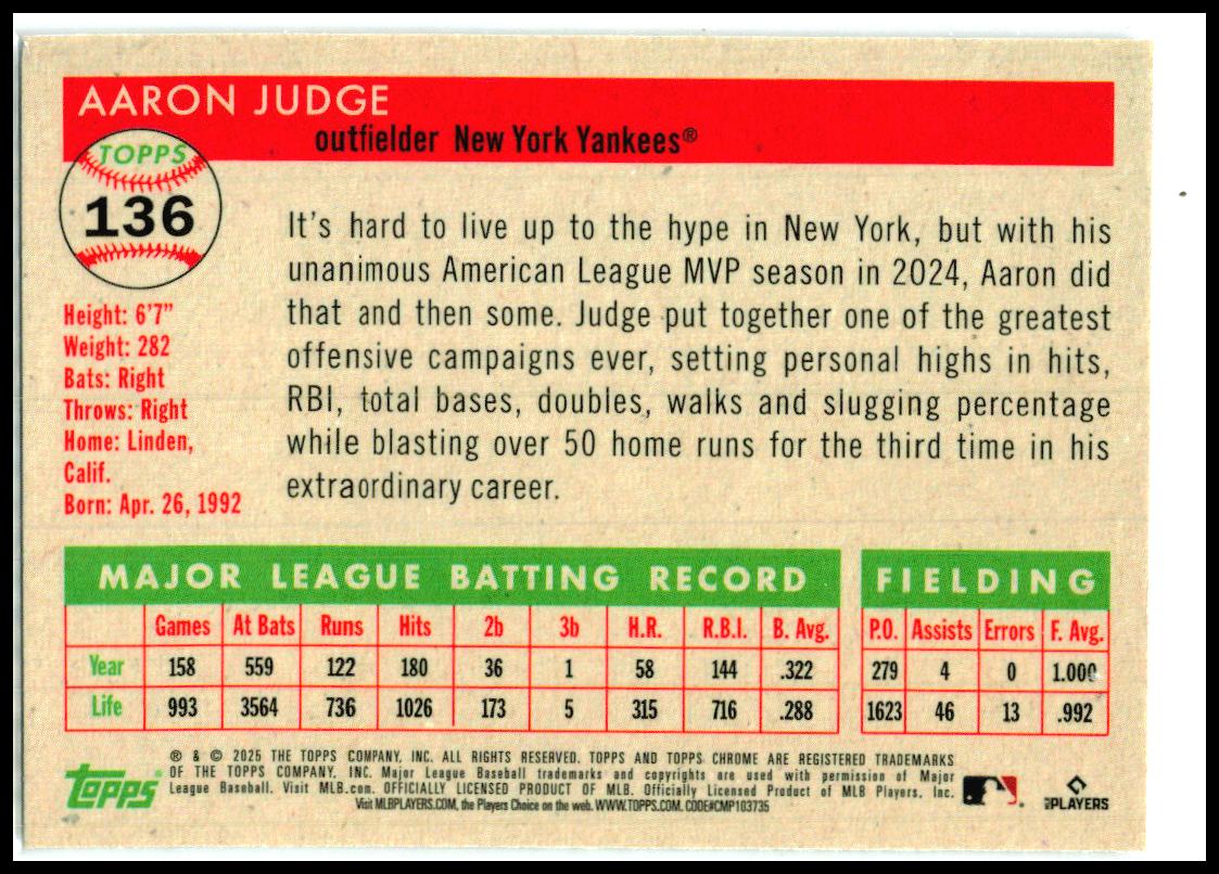2025 Topps Chrome Platinum #136 Aaron Judge New York Yankees