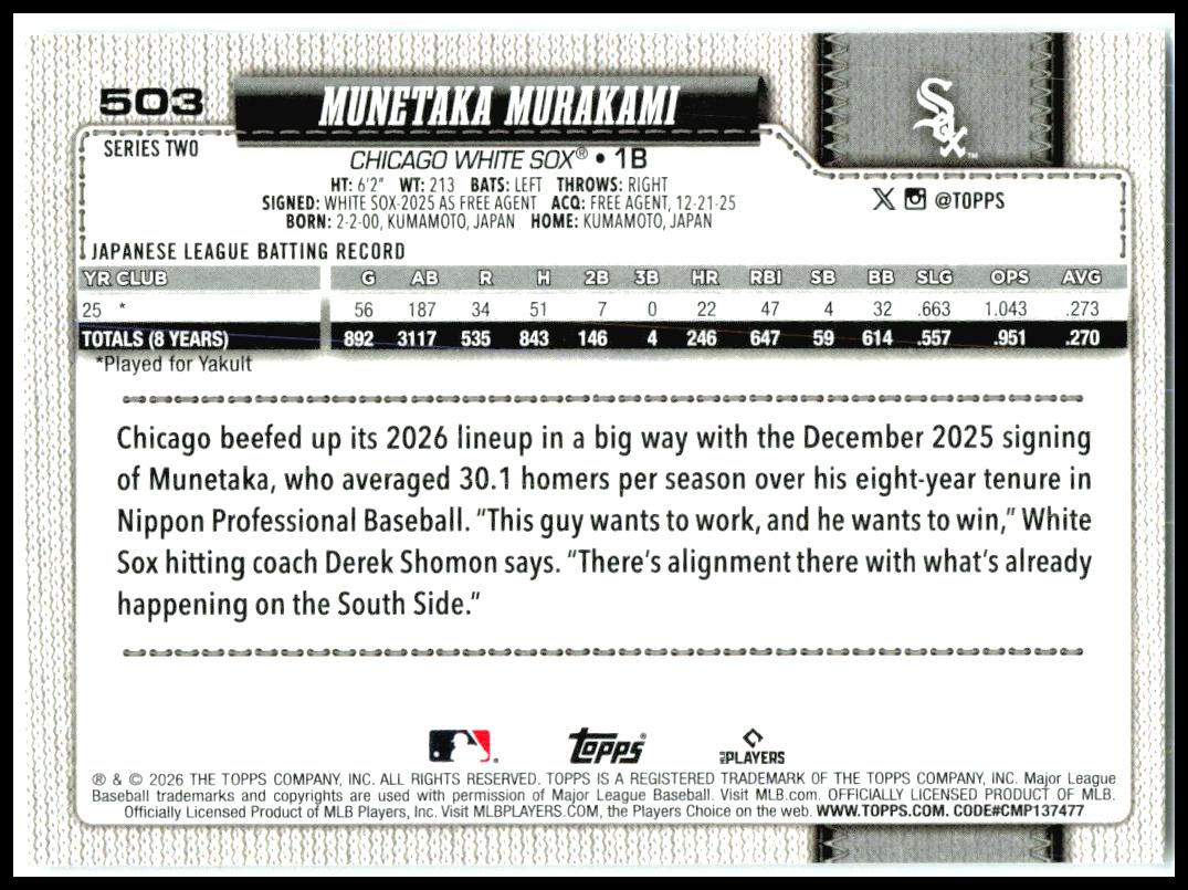 2026 Topps #503 Munetaka Murakami RC Chicago White Sox