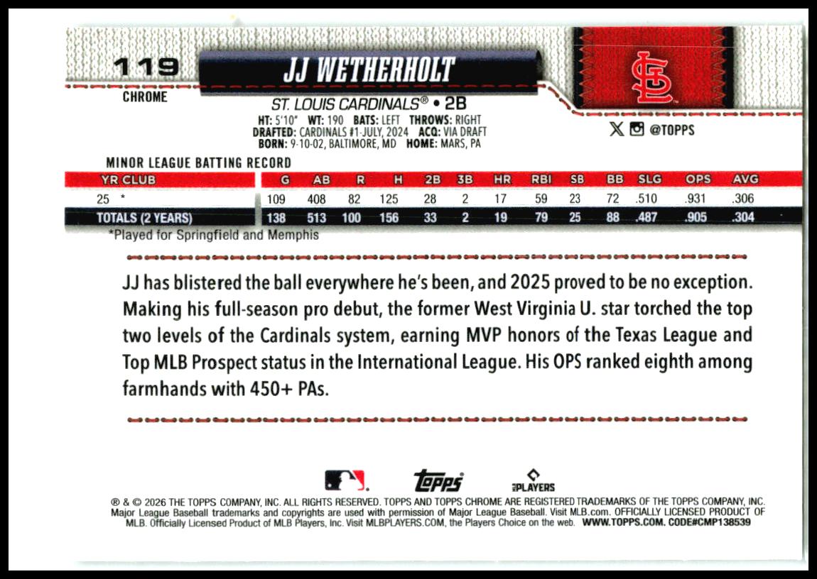 2026 Topps Chrome #119 JJ Wetherholt RC St. Louis Cardinals