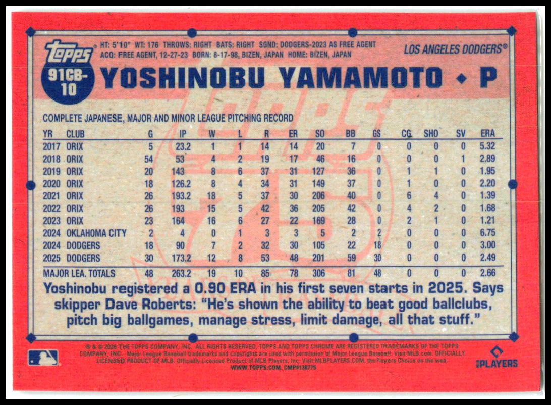 2026 Topps Chrome 1991 Topps 35th Anniversary # Yoshinobu Yamamoto Dodgers
