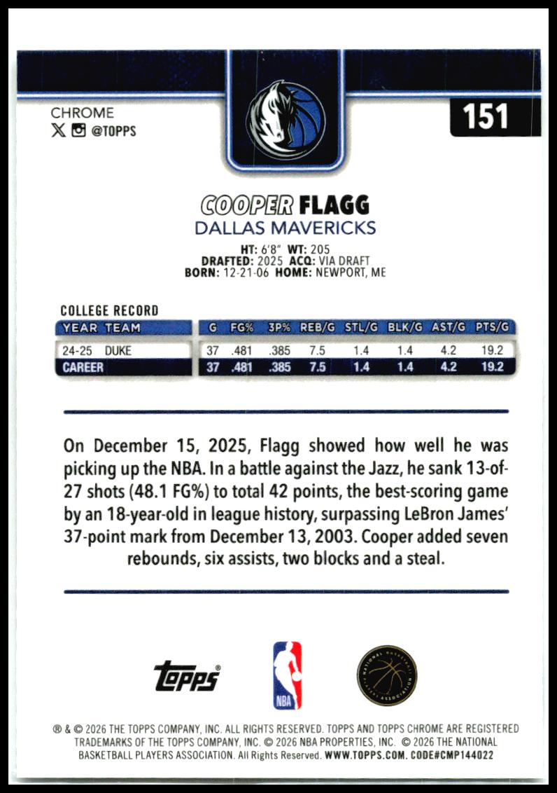 2025-26 Topps Chrome Update #151 Cooper Flagg RC Dallas Mavericks