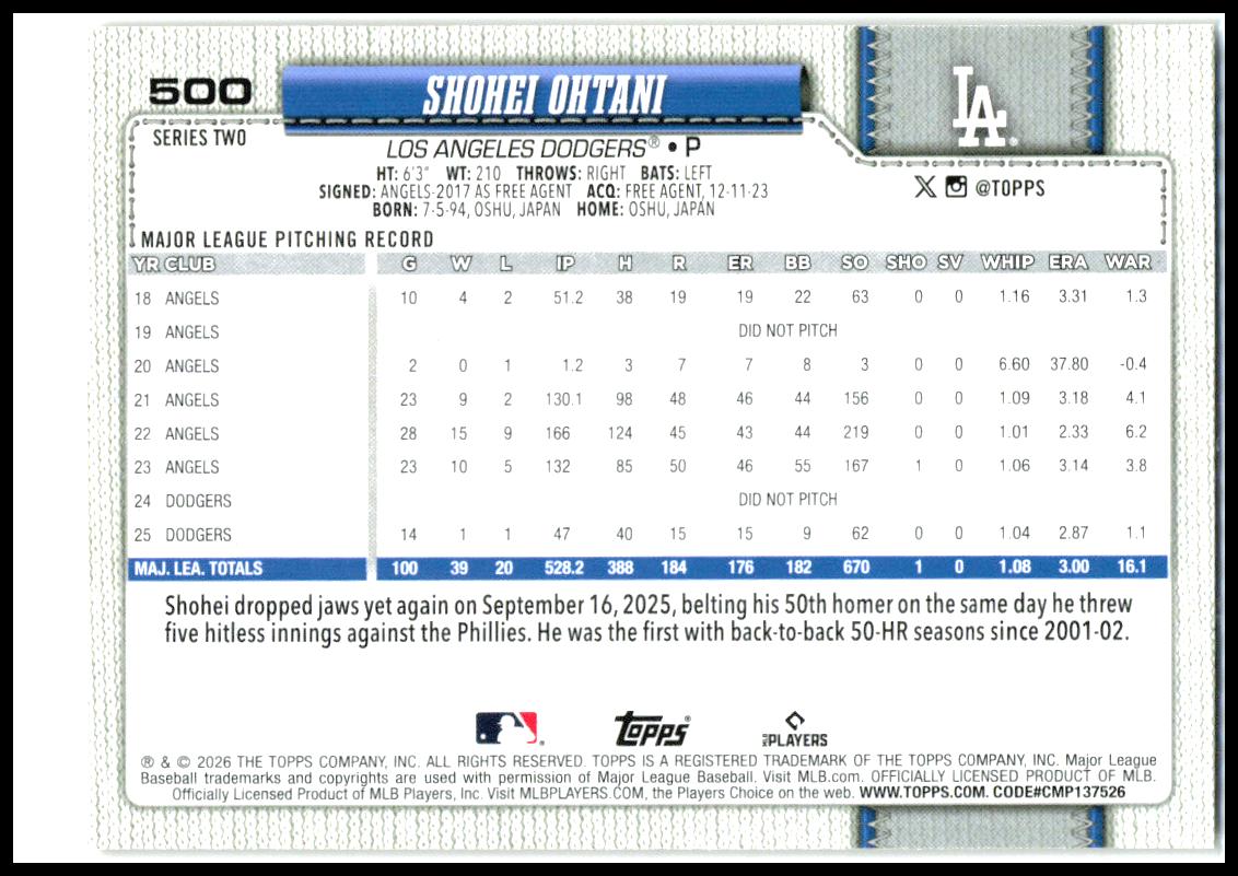 2026 Topps Holiday #500 Shohei Ohtani Los Angeles Dodgers