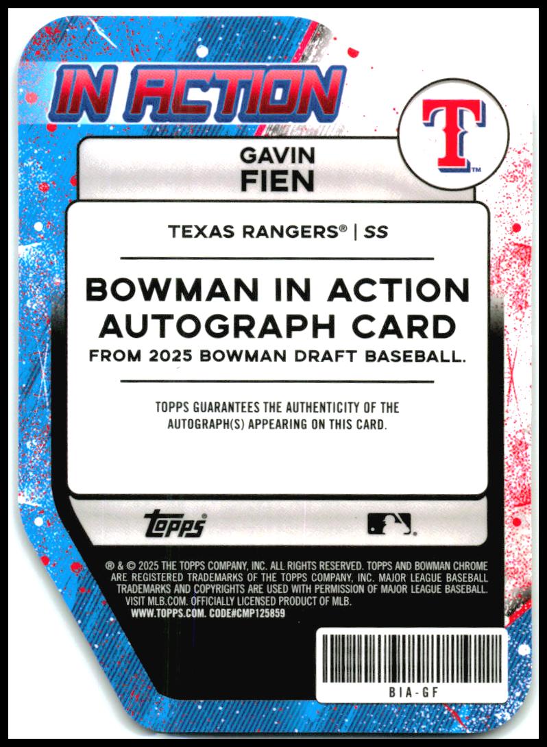 2025 Bowman Draft Bowman In Action Auto /99 #BIA-16 Gavin Fien Texas Rangers