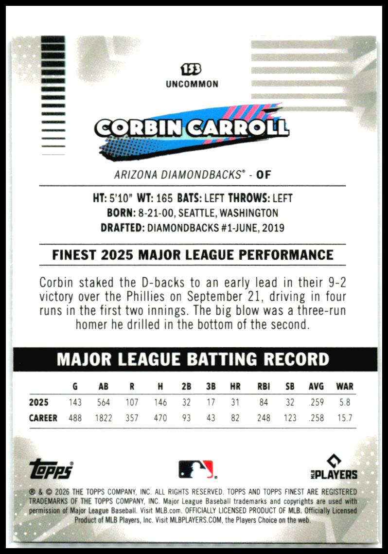 2026 Finest Mini-Diamond Refractors #153 Corbin Carroll Arizona Diamondbacks