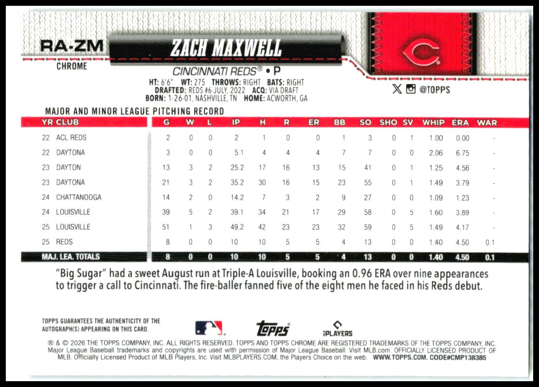 2026 Topps Chrome Rookie Auto #RA-ZM Zach Maxwell AU Cincinnati Reds
