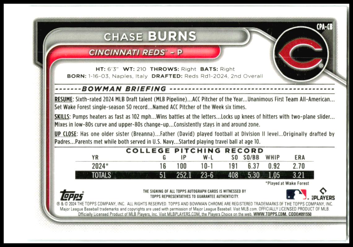 2024 Bowman Draft Chrome Prospect Auto #CPA-CB Chase Burns AU Cincinnati Reds