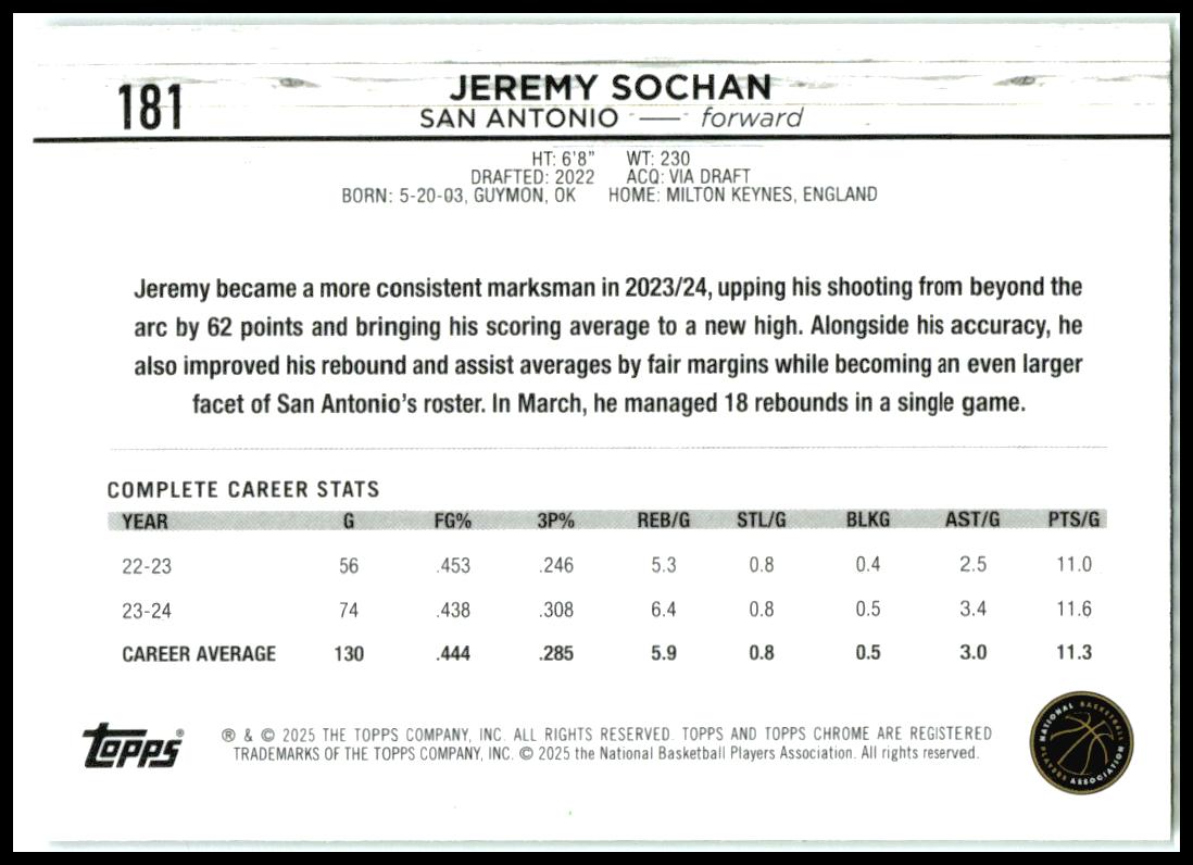 2024-25 Topps Chrome Topps Green Refractor #181 Jeremy Sochan San Antonio Spurs