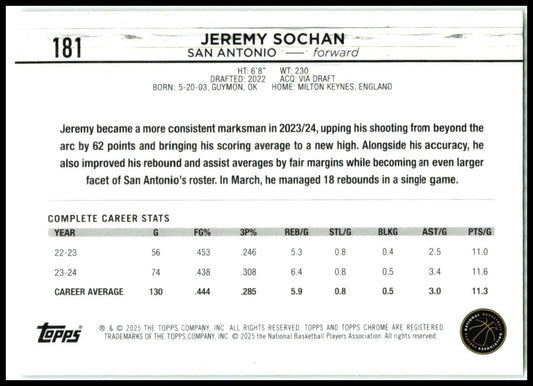 2024-25 Topps Chrome Topps Green Refractor #181 Jeremy Sochan San Antonio Spurs