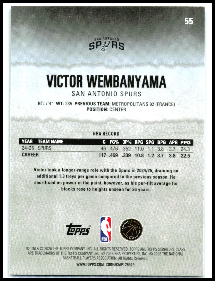 2025-26 Topps Signature Class #55 Victor Wembanyama San Antonio Spurs