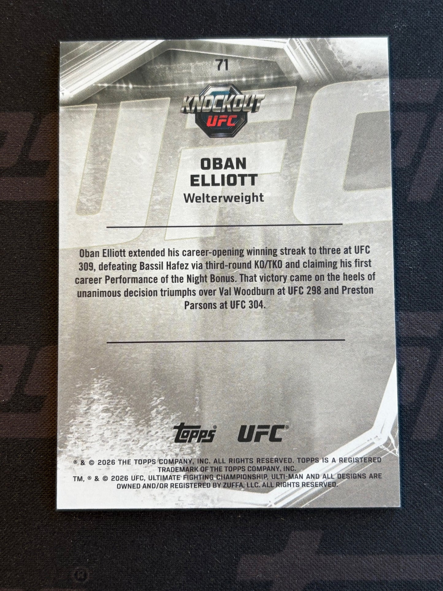 2026 Topps Knockout UFC Holo Silver #71 Oban Elliott RC #/125