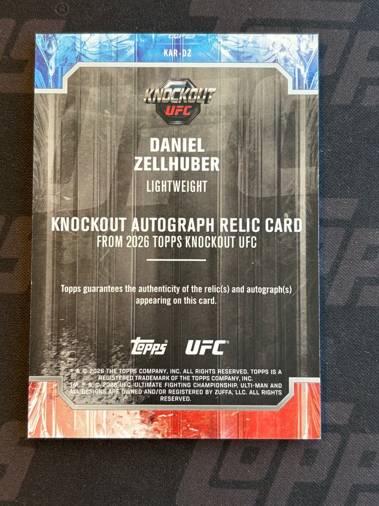 2026 Topps Knockout UFC Knockout Autograph Relics #KAR-DZ Daniel Zellhuber #/299