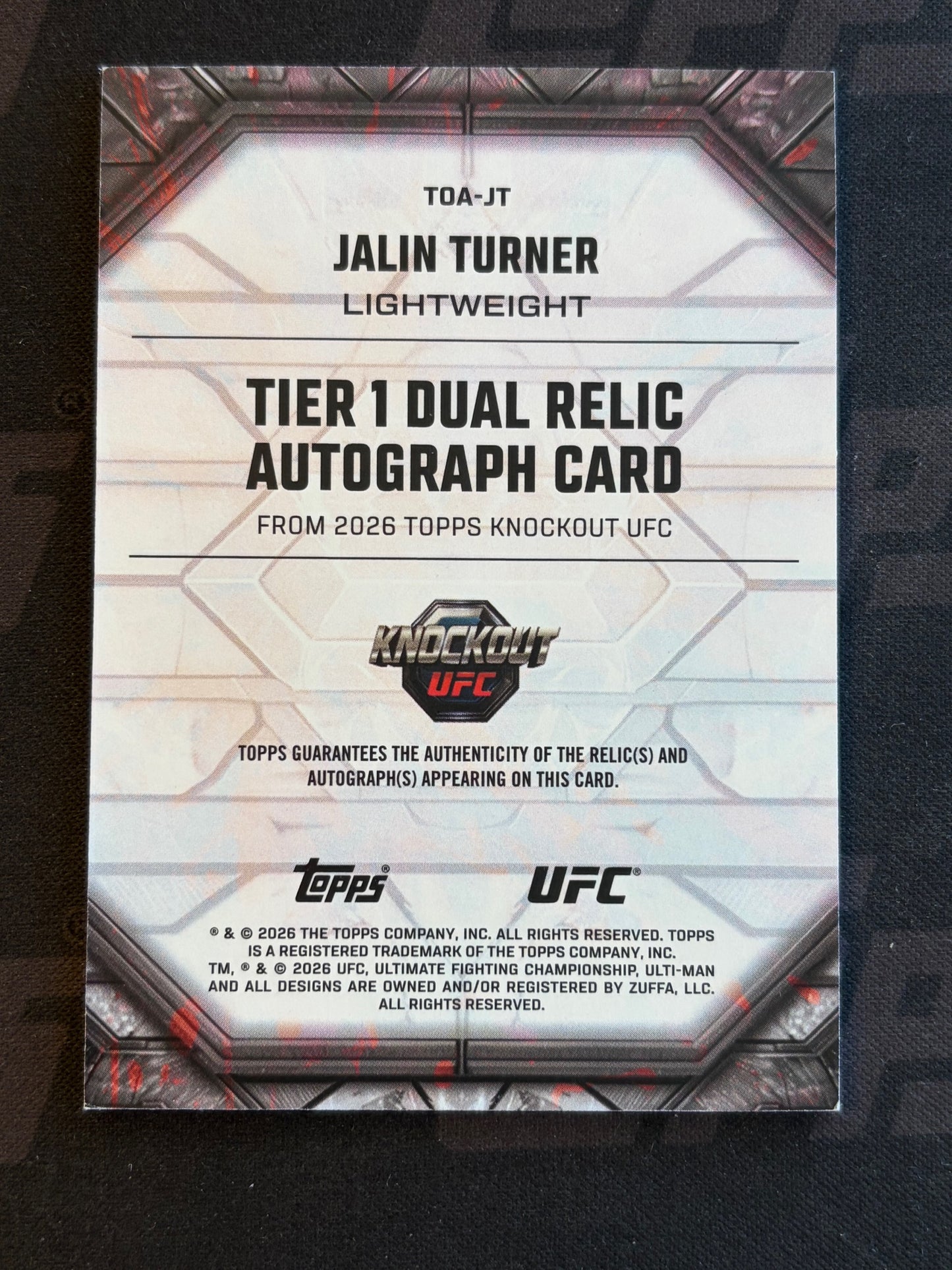 2026 Topps Knockout UFC Tier 1 Dual Relic Auto Lime Green /99 # Jalin Turner