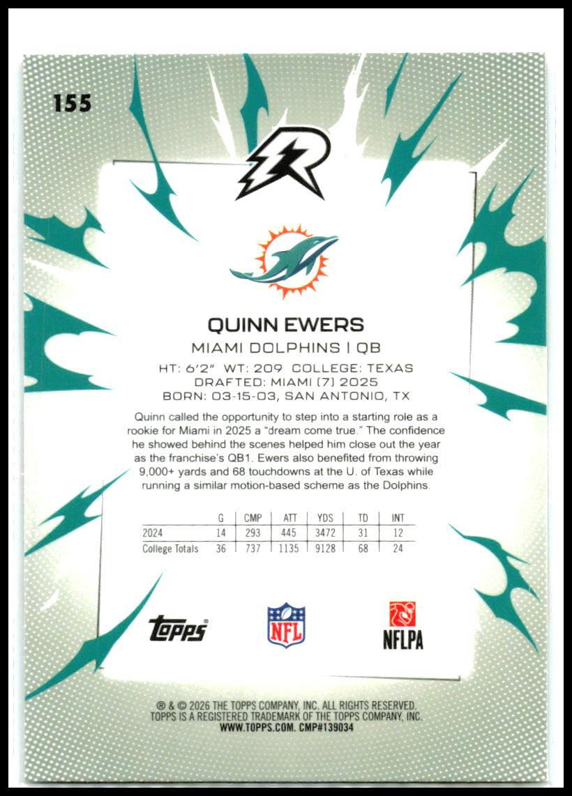 2025 Topps Resurgence Sky Blue & Pink Shock Refractor #155 Quinn Ewers RC Miami