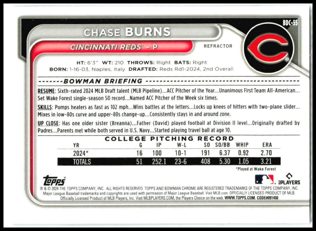 2024 Bowman Draft Chrome Refractor #BDC-55 Chase Burns Cincinnati Reds