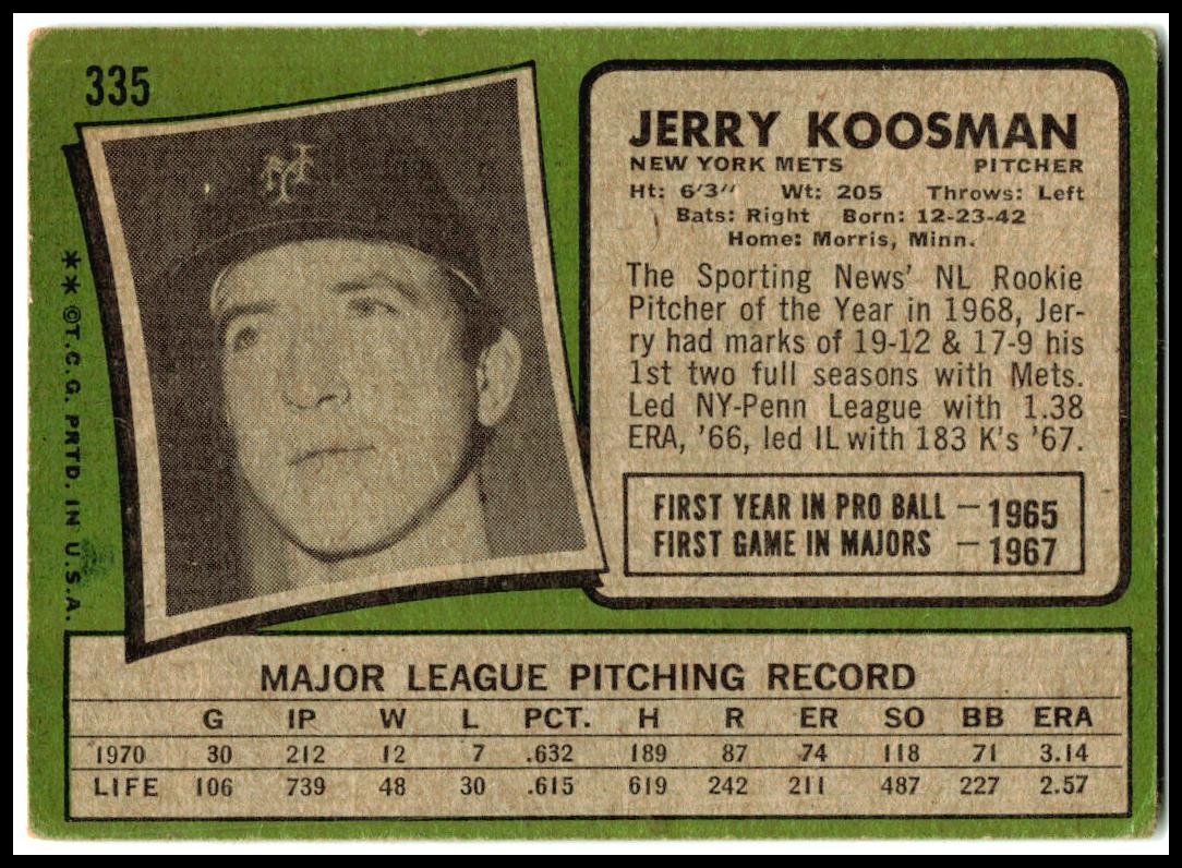 1971 Topps #335 Jerry Koosman New York Mets