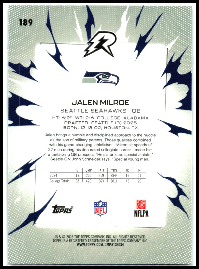 2025 Topps Resurgence Sky Blue & Pink Shock #189 Jalen Milroe RC Seattle